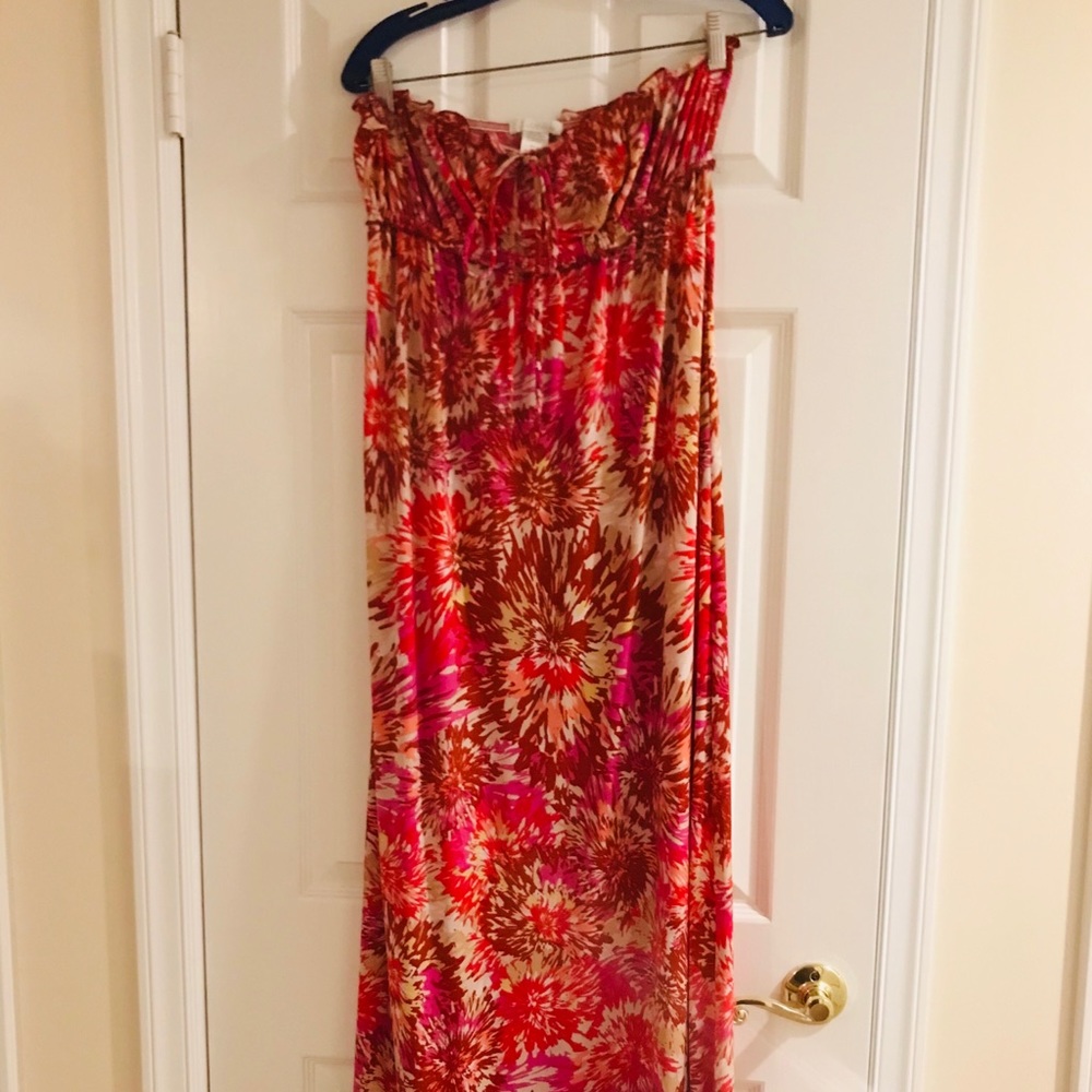 Red floral strapless maxi dress
